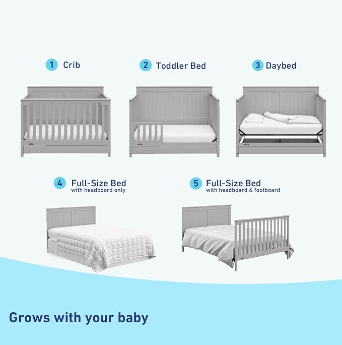Graco Hadley 5-in-1 Convertible Crib with Drawer (Pebble Gray) – GREENGUARD Gold Certified, Crib with Drawer Combo, Full-Size Nursery Storage Drawer, Converts to Toddler Bed, Daybed - LeafyLoom