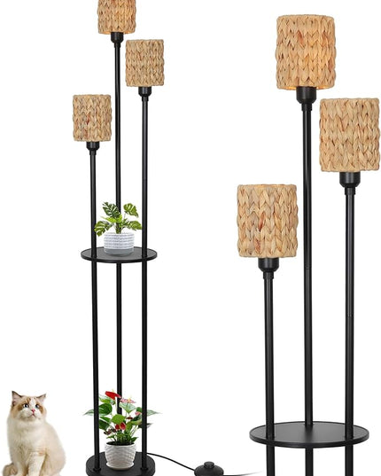 Boho Floor Lamp, 3-Lights Rattan Floor Lamp with Shelves, Farmhouse Floor Lamp with ON/OFF Foot Switch, Rustic Standing Lamp with Rattan Shades, Tall Shelf Floor Lamps for Living Room Bedroom - LeafyLoom