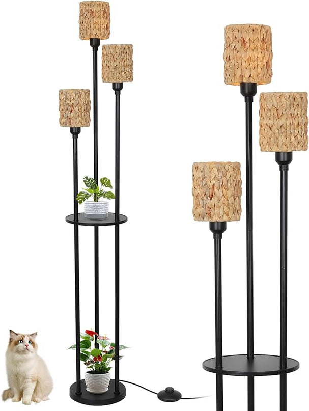 Boho Floor Lamp, 3-Lights Rattan Floor Lamp with Shelves, Farmhouse Floor Lamp with ON/OFF Foot Switch, Rustic Standing Lamp with Rattan Shades, Tall Shelf Floor Lamps for Living Room Bedroom - LeafyLoom