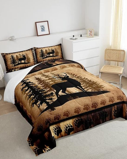 Cute Deer Comforter Set for Girls Boys Kids Deer Hunting Bedding Set Room Decorative Bear Paw Print Tree Pattern Bedding Set Exotic Style Brown Duvet Set Full Size 3Pcs Quilt Set - LeafyLoom