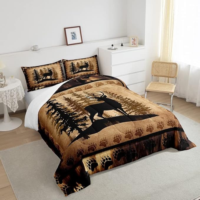 Cute Deer Comforter Set for Girls Boys Kids Deer Hunting Bedding Set Room Decorative Bear Paw Print Tree Pattern Bedding Set Exotic Style Brown Duvet Set Full Size 3Pcs Quilt Set - LeafyLoom