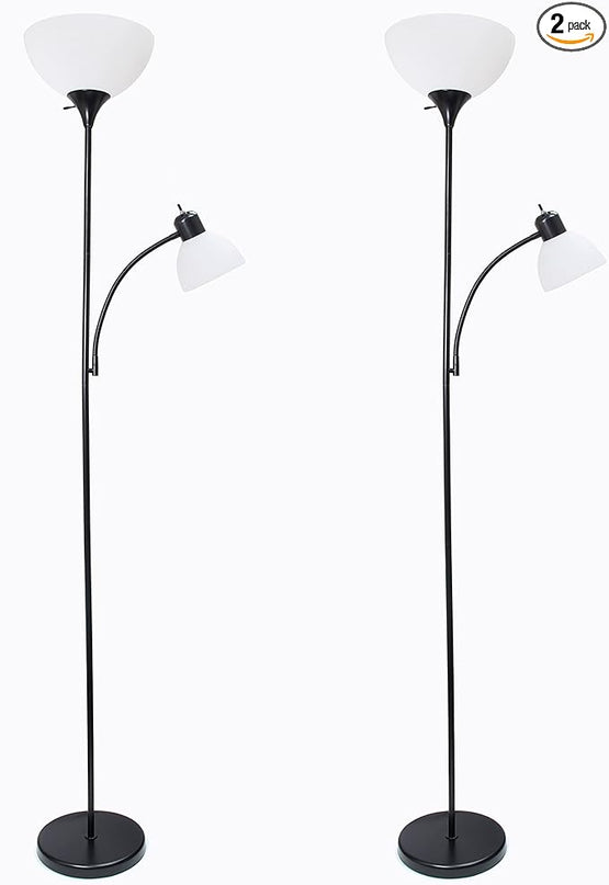 Simple Designs LF2000-BLK-2PK 2 Light Mother Daughter Floor Lamp with Reading Light, 2 Pk Black, 71.5" - LeafyLoom