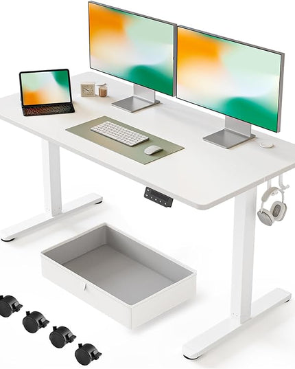 FEZIBO 55 x 24 Inches Standing Desk with Drawer, Adjustable Height Electric Stand up Desk with Storage, Sit Stand Home Office Desk, Ergonomic Computer Desk, White - LeafyLoom