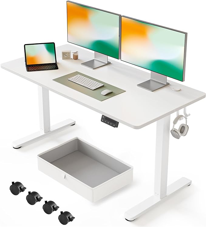 FEZIBO 55 x 24 Inches Standing Desk with Drawer, Adjustable Height Electric Stand up Desk with Storage, Sit Stand Home Office Desk, Ergonomic Computer Desk, White - LeafyLoom