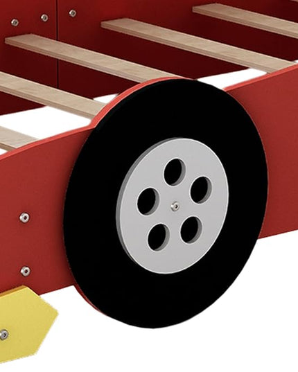Twin Size Racecar Bed for Big Boys,Wood Platform Bedframe with Wheels & Safety Guardrail,Slats Support,Easy Assembly,Toddlers Kids Car Floor Beds for Fun Children's Bedroom,Red - LeafyLoom