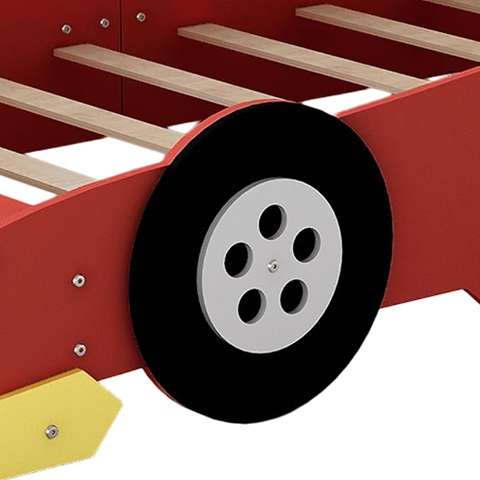 Twin Size Racecar Bed for Big Boys,Wood Platform Bedframe with Wheels & Safety Guardrail,Slats Support,Easy Assembly,Toddlers Kids Car Floor Beds for Fun Children's Bedroom,Red - LeafyLoom