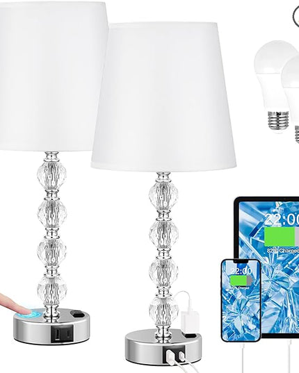 Bedside Lamps for bedrooms Set of 2 Nightstand - Large Crystal Table Lamps with USB C Charging Ports and AC Outlet, 3 Way Dimmable Touch Control Silver Bed Side Table Lamp for Living Room/Dining Room - LeafyLoom