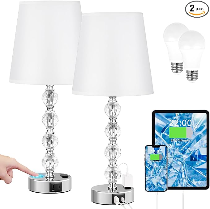 Bedside Lamps for bedrooms Set of 2 Nightstand - Large Crystal Table Lamps with USB C Charging Ports and AC Outlet, 3 Way Dimmable Touch Control Silver Bed Side Table Lamp for Living Room/Dining Room - LeafyLoom