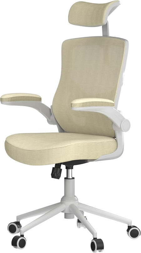 𝑯𝑶𝑴𝑬 𝑶𝑭𝑭𝑰𝑪𝑬 𝑪𝑯𝑨𝑰𝑹, Ergonomic Mesh Desk Chair, High Back Computer Chair- Adjustable Headrest with Flip-Up Arms, Lumbar Support, Swivel Executive Task Chair (Modern, Beige) - LeafyLoom