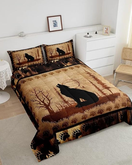 Feelyou Cute Wolf Comforter Set for Girls Boys Kids Wolves Howling Bedding Set Room Decorative Animal Wolves Tree Pattern Bedding Set Exotic Style Brown Black Duvet Set Queen Size 3Pcs Quilt Set - LeafyLoom