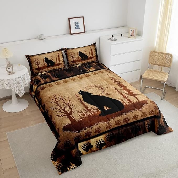 Feelyou Cute Wolf Comforter Set for Girls Boys Kids Wolves Howling Bedding Set Room Decorative Animal Wolves Tree Pattern Bedding Set Exotic Style Brown Black Duvet Set Queen Size 3Pcs Quilt Set - LeafyLoom