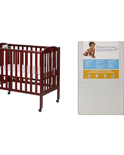 3 in 1 Portable Folding Stationary Side Crib with Dream On Me 3 Portable Crib Mattress, White - LeafyLoom
