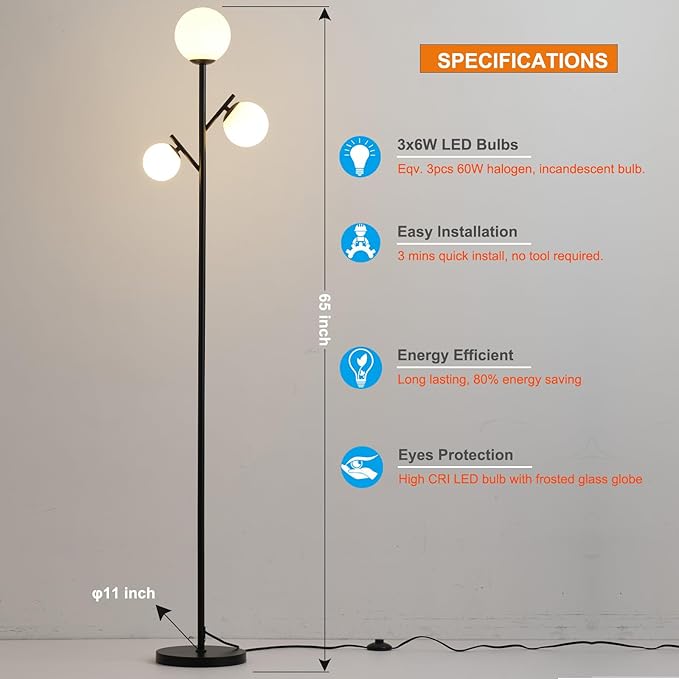 3 Globe Modern Black Floor Lamp, Mid Century Contemporary Standing Lamp with Sphere Frosted Glass Shade and Warm White LED Bulbs, LED Tall Pole Tree Lamp for Living Room, Bedroom, Hotel - LeafyLoom