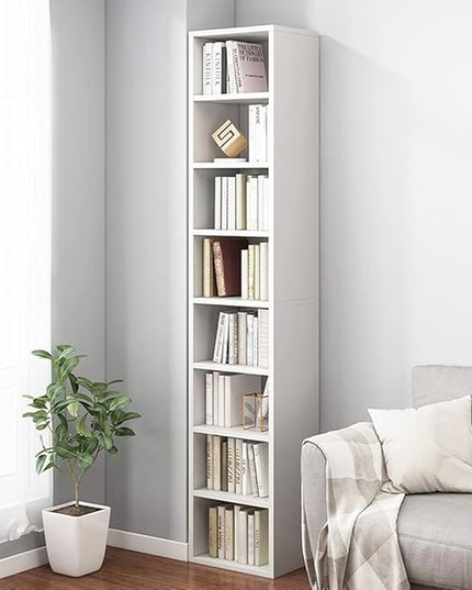 IOTXY Small Narrow Corner Bookcase - 71 Inches Tall Gap Freestanding Storage Cabinet, 8 Lattices Open Shelves Tower Rack, Cubes Bookshelf in White - LeafyLoom