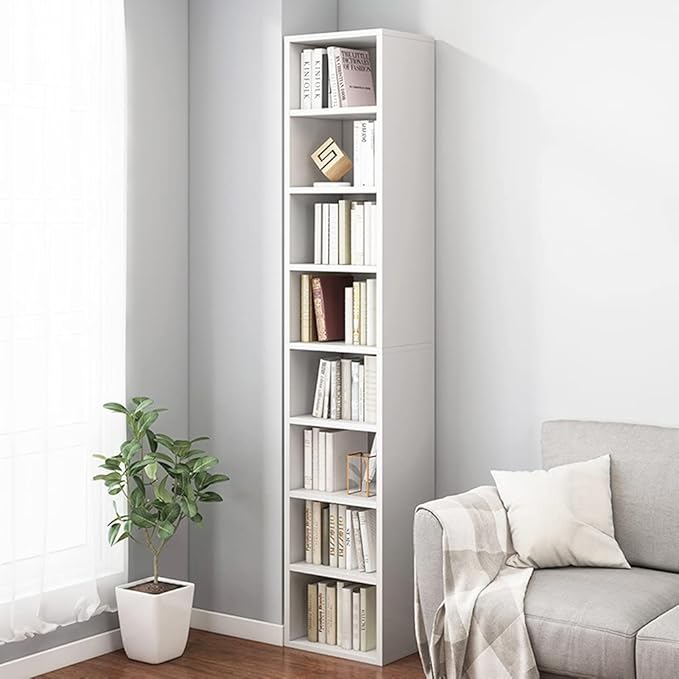 IOTXY Small Narrow Corner Bookcase - 71 Inches Tall Gap Freestanding Storage Cabinet, 8 Lattices Open Shelves Tower Rack, Cubes Bookshelf in White - LeafyLoom