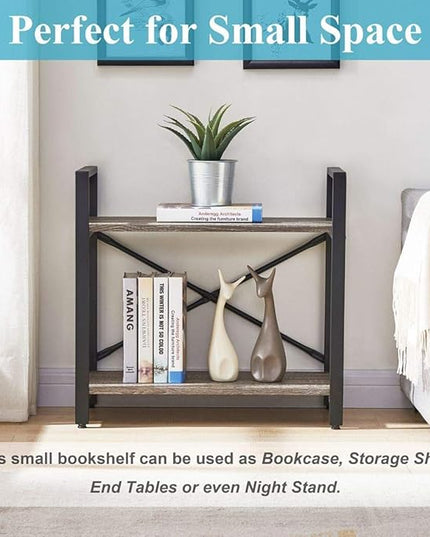 BON AUGURE Small Bookshelf for Small Space, 2 Tier Shelf Floor Bookcase for Storage, Industrial Short Low Wood Metal Book Shelves for Bedroom, Office and Living Room(Dark Gray Oak) - LeafyLoom