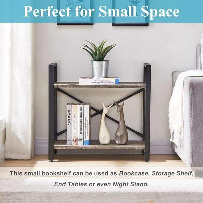BON AUGURE Small Bookshelf for Small Space, 2 Tier Shelf Floor Bookcase for Storage, Industrial Short Low Wood Metal Book Shelves for Bedroom, Office and Living Room(Dark Gray Oak) - LeafyLoom