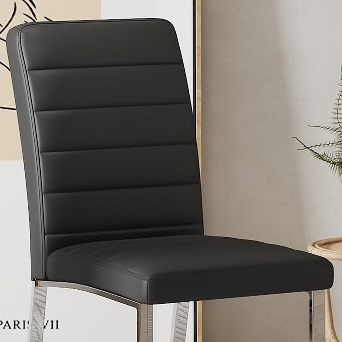 Dining Chairs Set of 4 Modern Faux Leather High Back Dining Room Kitchen Chairs with Silver Metal Legs,Chairs for Dining Room, Kitchen,Living Room, and Restaurants,Black - LeafyLoom