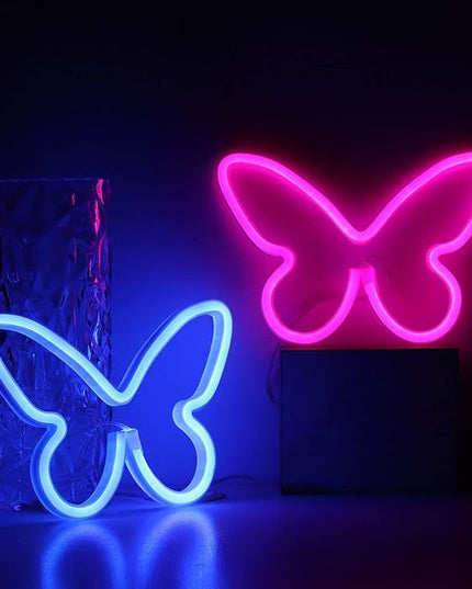 Neon Signs 2 Packs Butterfly Neon Lights Pink & Blue|Battery & USB Powered Nursery Night Lights|Butterfly Art Wall Décor for Bedroom,Dorm, Gaming|Aesthetic Butterfly Decoration Party|Gifts for Kids - LeafyLoom