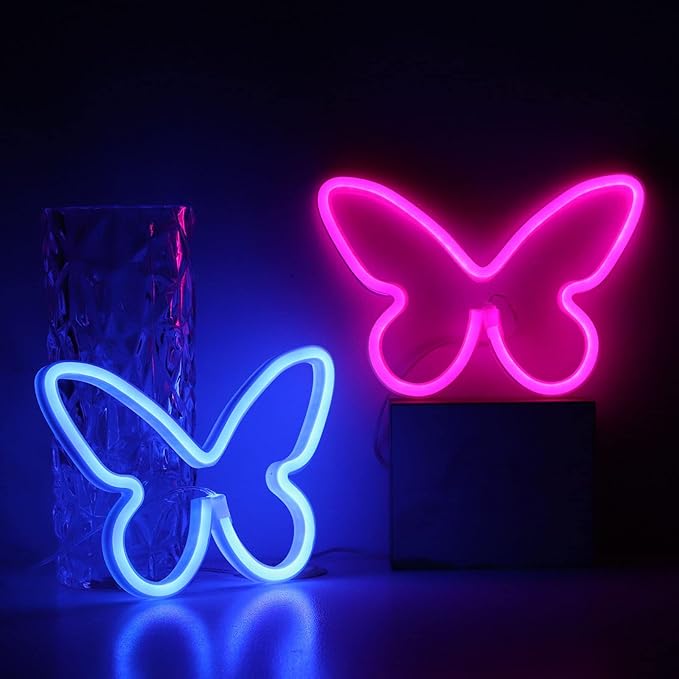 Neon Signs 2 Packs Butterfly Neon Lights Pink & Blue|Battery & USB Powered Nursery Night Lights|Butterfly Art Wall Décor for Bedroom,Dorm, Gaming|Aesthetic Butterfly Decoration Party|Gifts for Kids - LeafyLoom