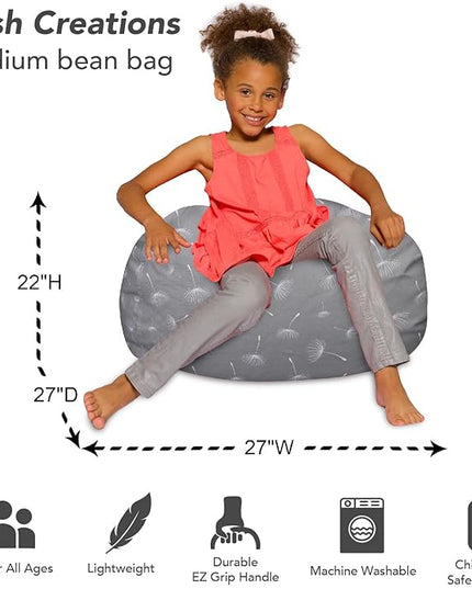 Posh Creations Bean Bag Chair for Kids, Teens, and Adults Includes Removable and Machine Washable Cover, Canvas White Dandelions on Gray, 27in - Medium - LeafyLoom