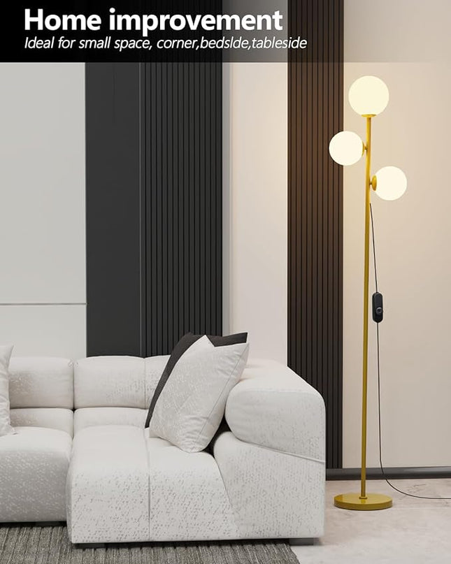 Mid Century Modern Floor Lamp for Living Room, 3 Globe Lights Tall Gold Standing Lamp with Frosted Glass Shades and Bulbs Included, Dimmable Vintage Floor Lamps for Bedroom Office Reading - LeafyLoom