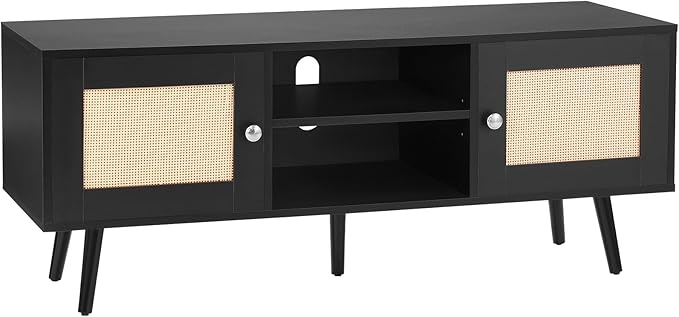 VEVOR Rattan TV Stand, Boho TV Cabinet for 55 inch TV, Mid Century Modern TV Stand, Rattan TV Console with Adjustable Shelfs for Living Room, Media Room, Black - LeafyLoom