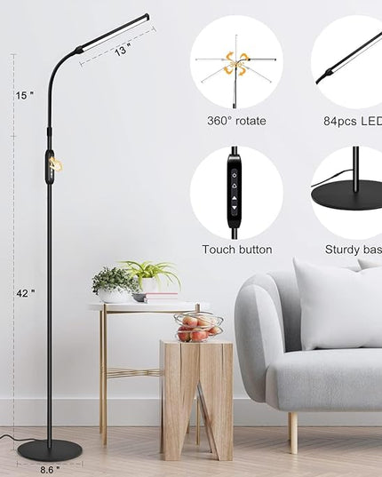 Bright LED Floor Lamp for Eyelash Extensions Adjustable Gooseneck Standing Eyelash Light Dimmable lash LED Lamp for Facial Spa Salon Makeup Reading Floor Lamp for Bedroom Office Black - LeafyLoom