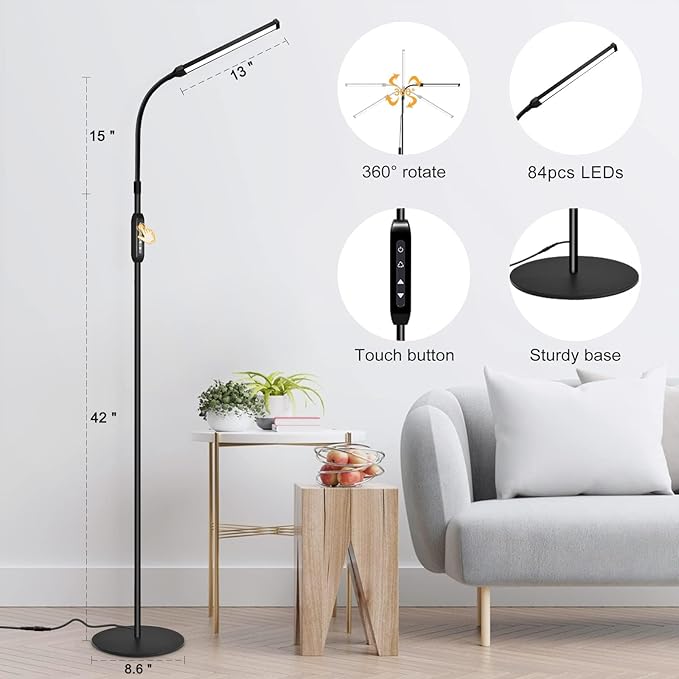 Bright LED Floor Lamp for Eyelash Extensions Adjustable Gooseneck Standing Eyelash Light Dimmable lash LED Lamp for Facial Spa Salon Makeup Reading Floor Lamp for Bedroom Office Black - LeafyLoom
