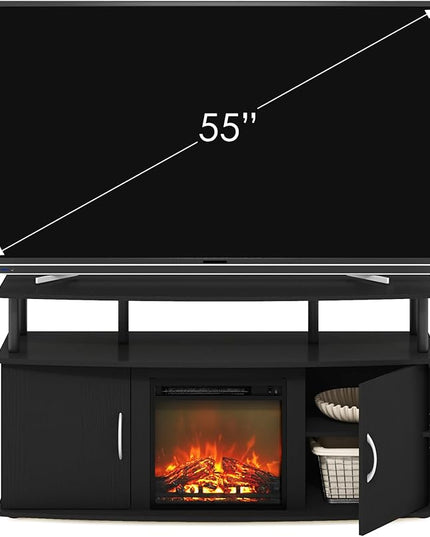Furinno Jensen Living Room Fireplace TV Entertainment Center with Doors Storage Cabinet for TV up to 55 Inch, Americano/Black - LeafyLoom