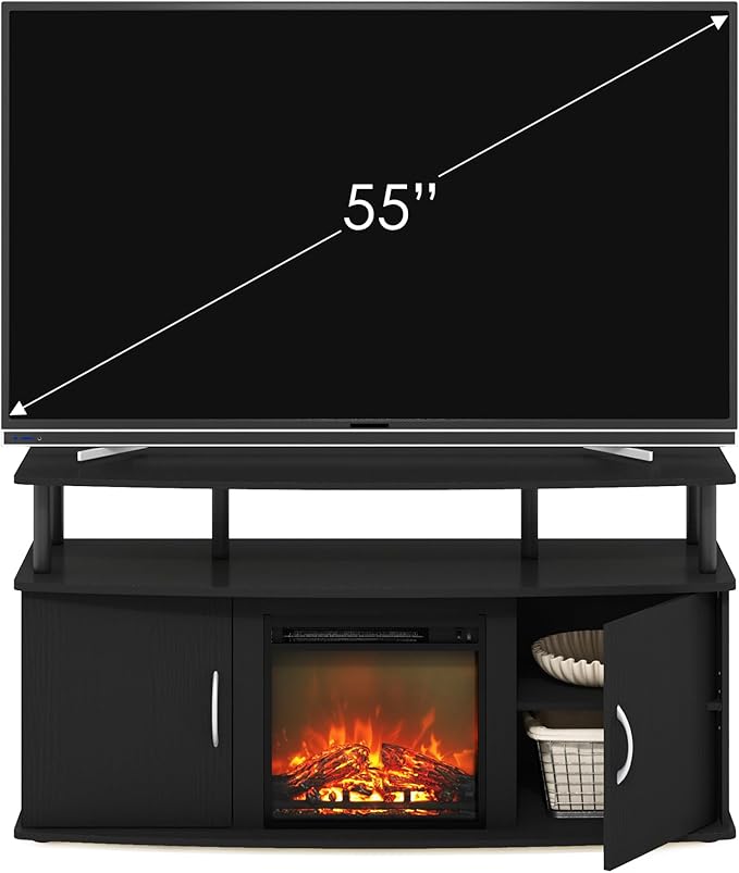 Furinno Jensen Living Room Fireplace TV Entertainment Center with Doors Storage Cabinet for TV up to 55 Inch, Americano/Black - LeafyLoom