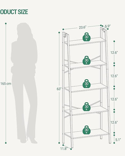 Ladder Shelf, Bookshelf Bookcase, Freestanding Corner Storage Shelve with 2 Hooks for Home Office, Living Room, Kitchen, Bedroom, Industrial, 5-Tier Rustic Brown BC19301B - LeafyLoom