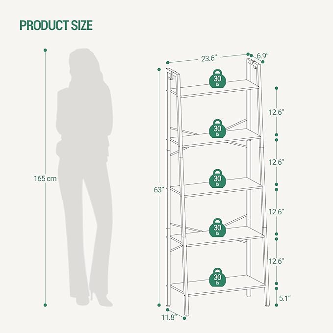 Ladder Shelf, Bookshelf Bookcase, Freestanding Corner Storage Shelve with 2 Hooks for Home Office, Living Room, Kitchen, Bedroom, Industrial, 5-Tier Rustic Brown BC19301B - LeafyLoom