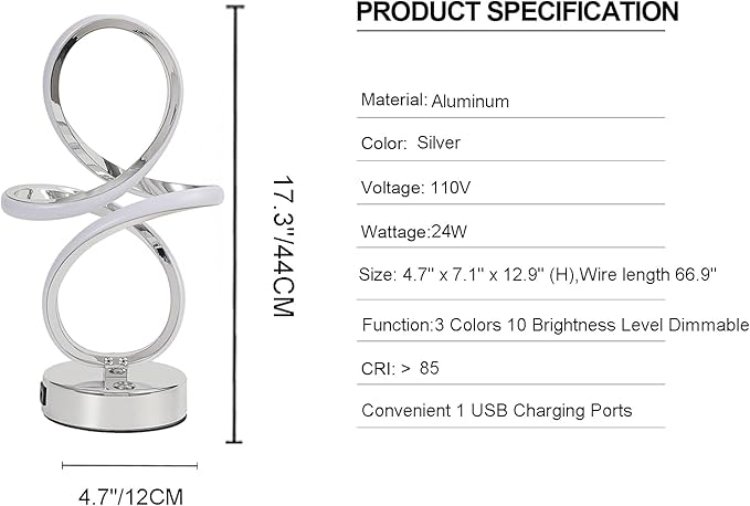 Modern LED Table Lamp, 24W Dimmable Touch Control Desk Lamp Reading Light with 1 USB Charging Ports, 3 Colors, LED Lamp Minimalist Style for Living Room Office Decor Lights - Silver - LeafyLoom