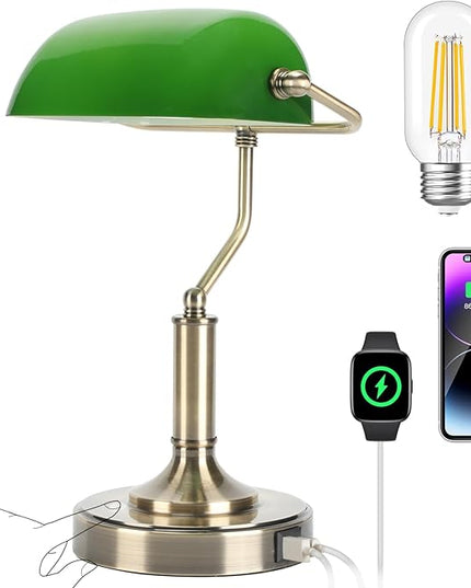 Bankers Lamp, Green Desk Lamp with Touch Control Switch, Retro Lamp with USB and Type C Charging Ports, Vintage Lamp for Home Office, Piano, Library, LED Bulb Included (Vintage) - LeafyLoom