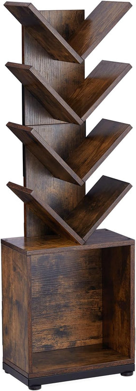 ruboka 5-Shelf Tree Bookshelf with Storage, 37.9-Inch Retro Floor Standing Bookcase Display for CDs/Magazine/Books, Small Bookshelf for Bedroom, Living Room, Office, Brown Storage Shelves - LeafyLoom