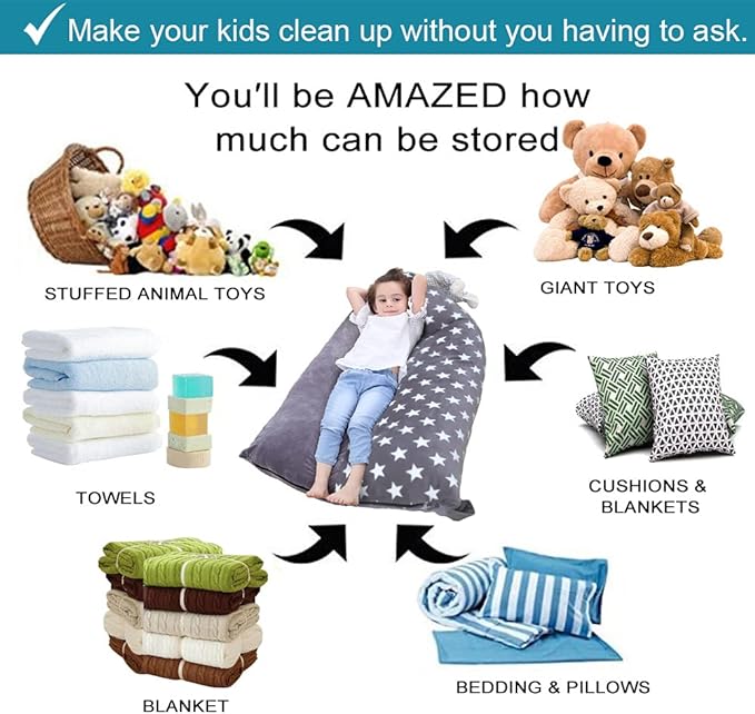 Stuffed Animal Storage Bean Bag Chair Cover | 53" Extra Large Beanbag for Kids and Adults, Plush Toys Holder and Organizer for Boys and Girls | Premium Velvet - Soft & Comfortabl (Stars Style) - LeafyLoom