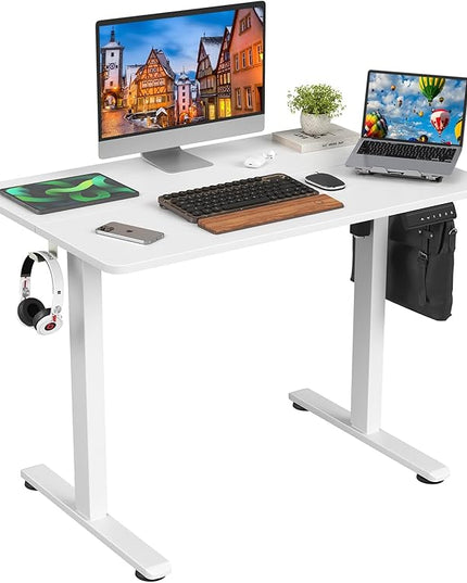 STARY Electric Adjustable Height Sit Stand Home Office Desk with Splice Board, 40x24, White Desktop/White Frame - LeafyLoom