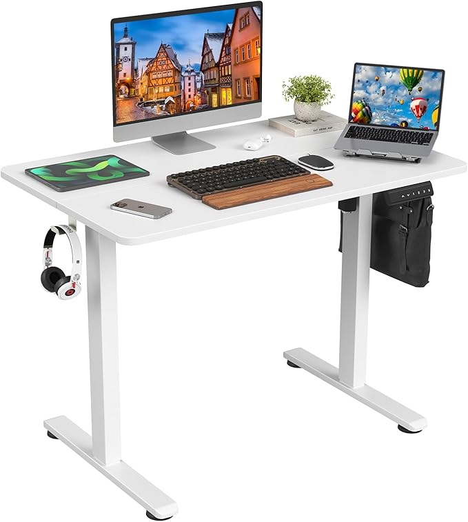 STARY Electric Adjustable Height Sit Stand Home Office Desk with Splice Board, 40x24, White Desktop/White Frame - LeafyLoom