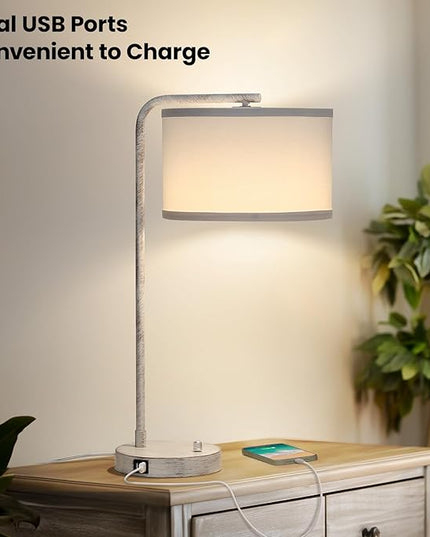 Table Lamp with Dual USB Charging Ports, Fully Dimmable Farmhouse Bedside Lamp, USB Nightstand Lamp with Brushed White Oak, Tall Reading Desk Lamp for Living Room, Bedroom, Office, LED Bulb Included - LeafyLoom