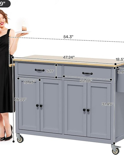 Large Kitchen Island On Wheels with Storage 54in Width Mobile Moveable Portable Rolling Wood Island for Kitchen Dining Room with Drawers Cabinet Spice Rack Towel Rack - LeafyLoom