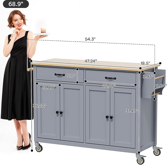 Large Kitchen Island On Wheels with Storage 54in Width Mobile Moveable Portable Rolling Wood Island for Kitchen Dining Room with Drawers Cabinet Spice Rack Towel Rack - LeafyLoom