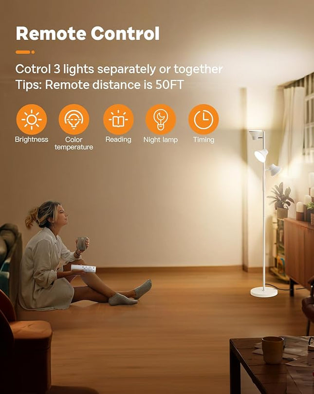 White Floor Lamp, 36W Modern Dimmable Standing Lamp 2700-6500K, 3 Rotatable LED Lights Reading Tall Lamp, Touch & Remote Control Floor Lamps for Living Room Bedroom Office - LeafyLoom