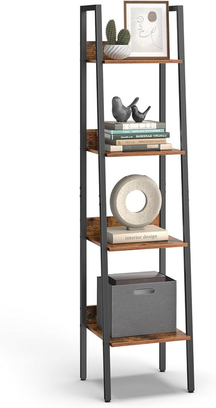 VASAGLE Bookshelf, 4-Tier Narrow Bookcase, Ladder Shelf for Home Office, Living Room, Bedroom, Kitchen, Rustic Brown and Ink Black ULLS108B01 - LeafyLoom