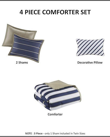 Mi Zone Ashton Casual Comforter Set, Vibrant Colorblock Design, Modern Bedding Geometric Stripes All Season Cover, Matching Shams, Decorative Pillow, King/Cal King, Khaki/Navy, 4 Piece - LeafyLoom