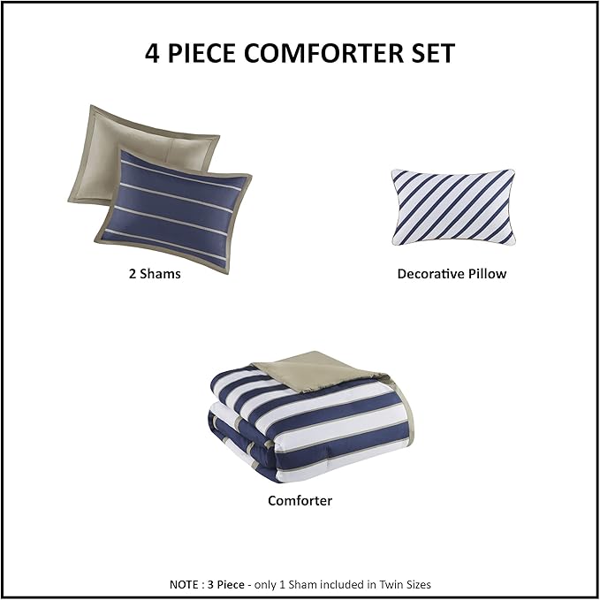 Mi Zone Ashton Casual Comforter Set, Vibrant Colorblock Design, Modern Bedding Geometric Stripes All Season Cover, Matching Shams, Decorative Pillow, King/Cal King, Khaki/Navy, 4 Piece - LeafyLoom