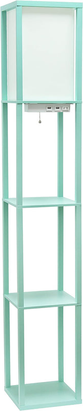 Simple Designs LF1037-AQU Floor Lamp Etagere Organizer Storage Shelf with 2 USB Charging Ports, 1 Charging Outlet and Linen Shade, Aqua - LeafyLoom