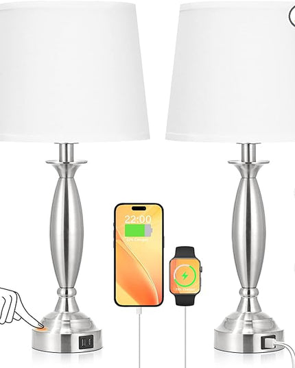 White Lamps for Bedrooms Set of 2 - Touch Control Bedside Lamp with USB C+A, 3 Way Dimmable Nightstand Lamps with USB Port, Table Lamp for Living Room(White Shade and Nickel Base) - LeafyLoom