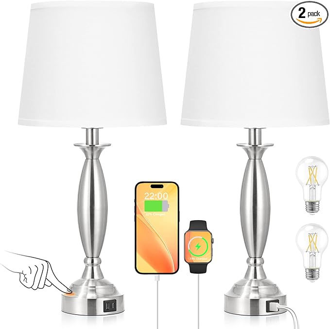 White Lamps for Bedrooms Set of 2 - Touch Control Bedside Lamp with USB C+A, 3 Way Dimmable Nightstand Lamps with USB Port, Table Lamp for Living Room(White Shade and Nickel Base) - LeafyLoom