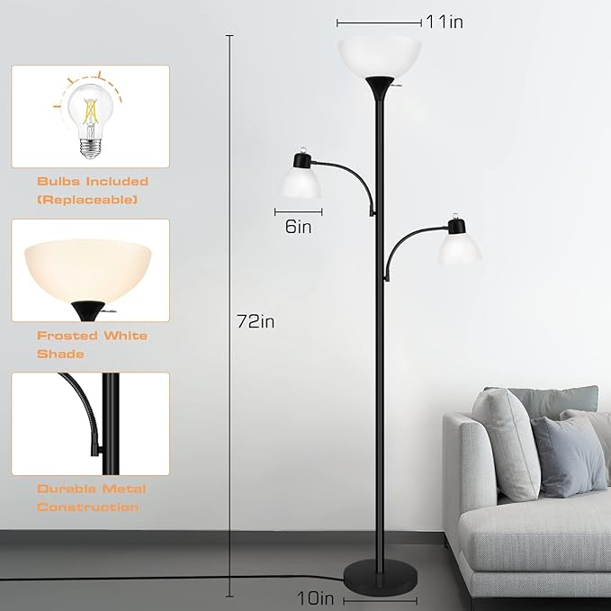 Luvkczc Floor Lamps for Living Room,Torchiere Floor Lamp with 8W Adjustable Reading Lights, Industrial Tall Lamps for Living Room, Bedroom, Office, 3 Bulbs Included - LeafyLoom